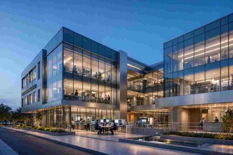 An architectural view of a modern research and academic facility representing cap exempt h1b visa institutions in the United States.