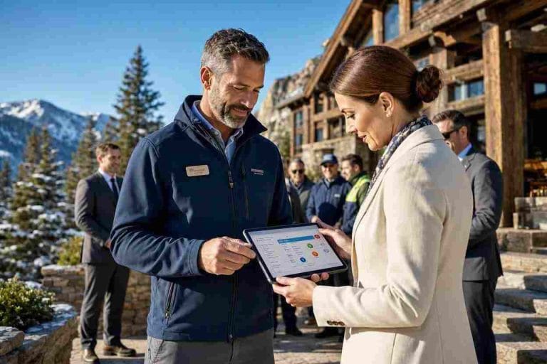 Diverse seasonal workforce reviewing operational tasks at an American resort representing h2b visa sponsor jobs
