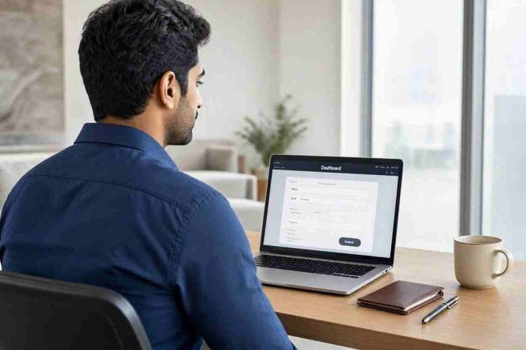 Man updating DS-160 confirmation barcode online on laptop
