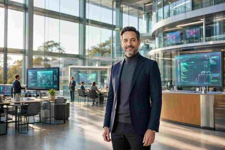 Accomplished global innovator representing official O1 visa requirements in a modern US tech workspace