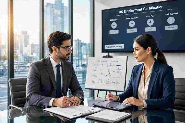 Corporate legal team managing the official perm labor certification timeline in a modern US office