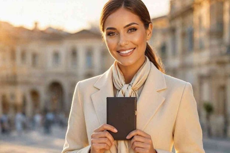 Confident elegant traveler holding passport after fulfilling all Schengen Tourist Visa Requirements