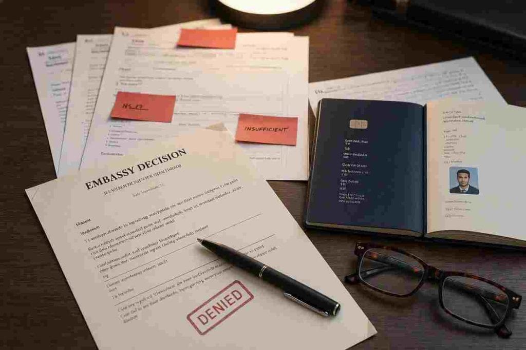 Official visa refusal letter with red stamp and flagged bank documents explaining common tourist visa rejection reasons