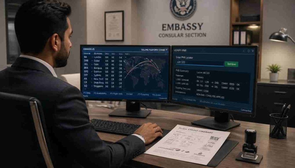 Consular officer verifying Schengen tourist visa flight itinerary and PNR code online