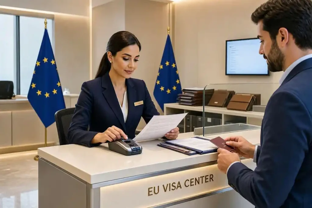 VFS Global Dubai visa application center submission desk and biometric counter