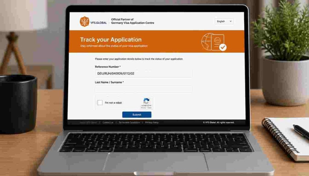 VFS Global online visa application tracking portal interface and input fields