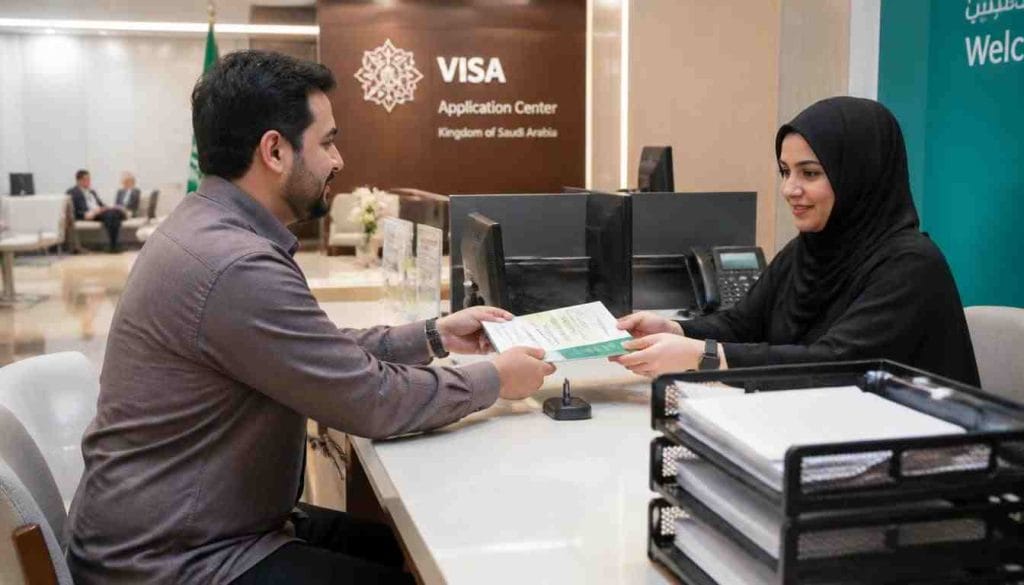 Expat applicant attending VFS schengen visa appointment in Saudi Arabia at service counter