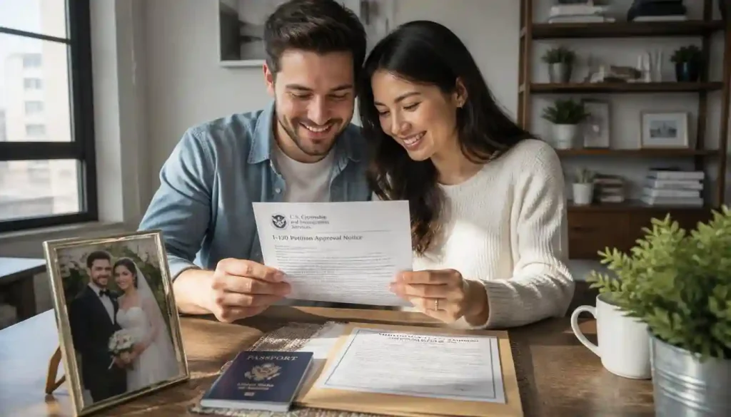 Expat couple reviewing CR1 conditional green card approval documents