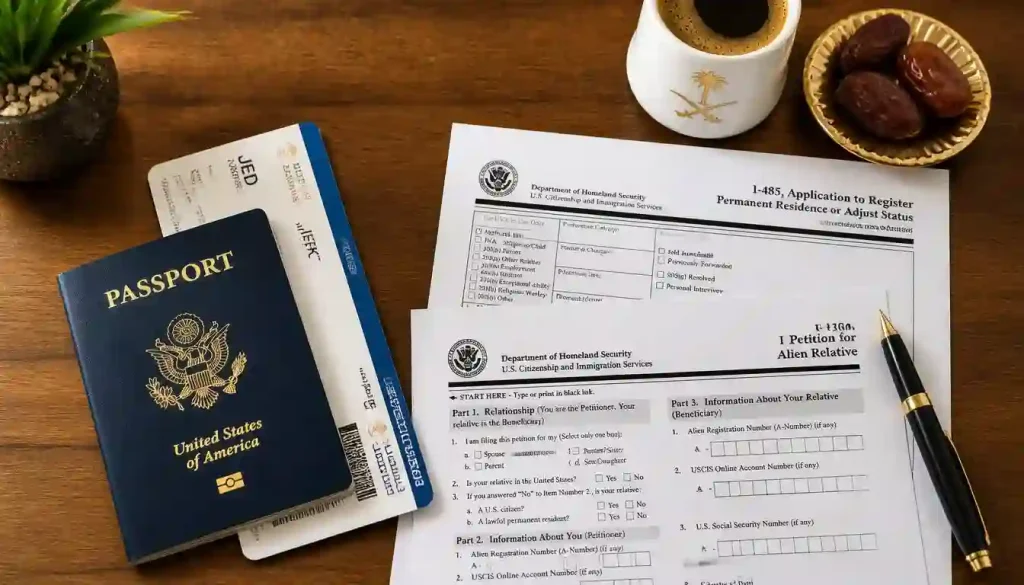 fficial immigration documents and US passport ready for the CR1 visa interview at a Middle Eastern US Embassy