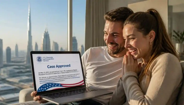 An American expat couple happily checking their CR1 visa processing time Middle East update on a laptop in Dubai