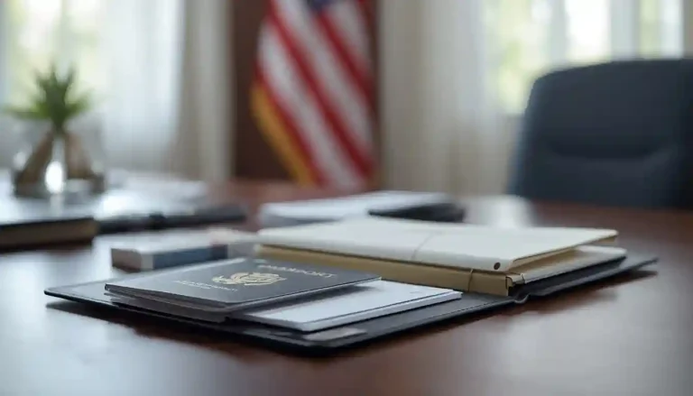 A candidate organizing official documents and a checklist for diversity visa lottery interview preparation.