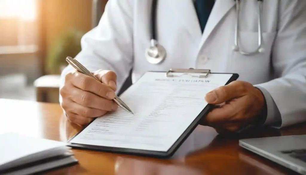 Certified doctor completing the form N-648 medical waiver evaluation for US citizenship.