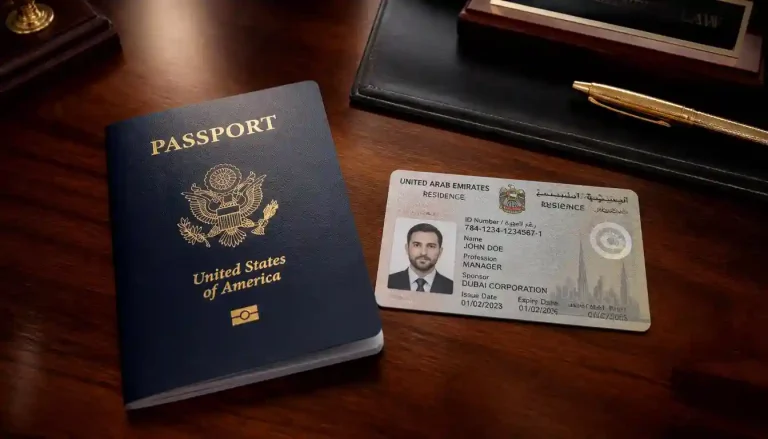 A US passport next to a Middle Eastern residency card illustrating dual citizenship us and gulf countries rules on a desk.