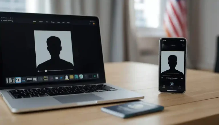 DV lottery application guide and photo requirements setup with a laptop and digital photo
