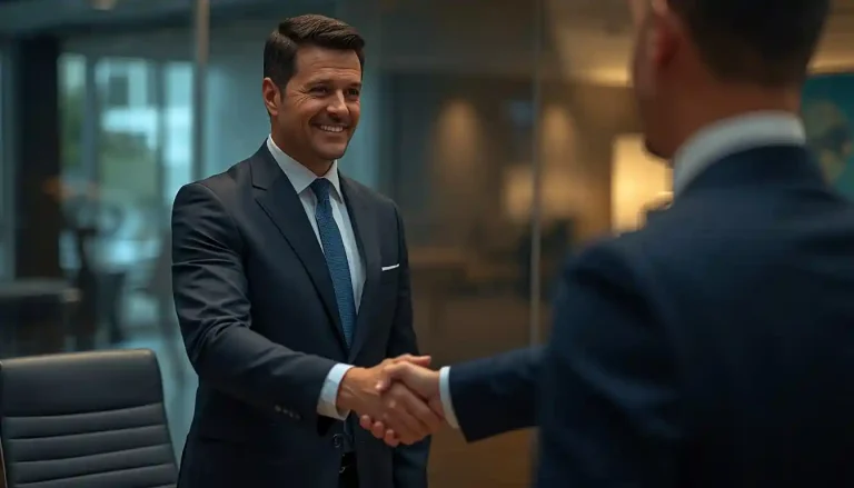A successful multinational executive consulting with an attorney for their EB1C green card process in a corporate office.
