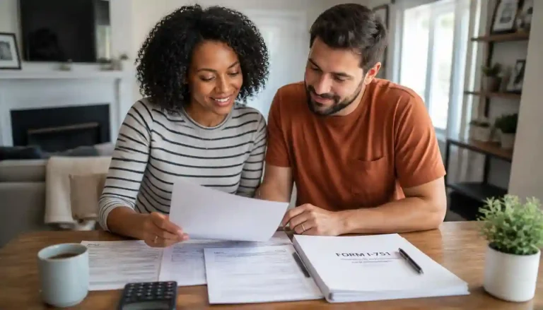 A smiling couple reviewing their form i-751 removal of conditions guide paperwork and financial documents at a desk in a modern apartment.