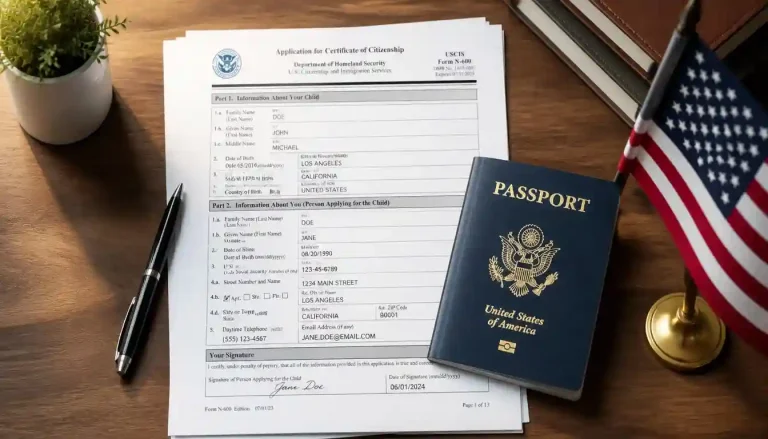 A completed form n-600 application for certificate of citizenship next to a US passport and an American flag.