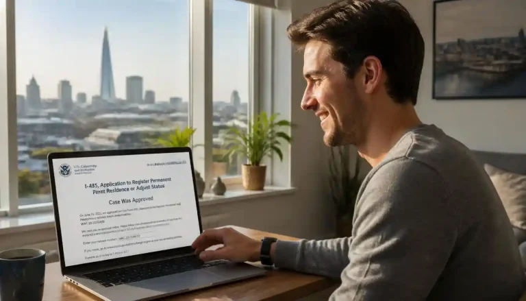 A happy US expat in London holding an approved Form I-130 next to a laptop showing the i-130 petition for alien relative timeline