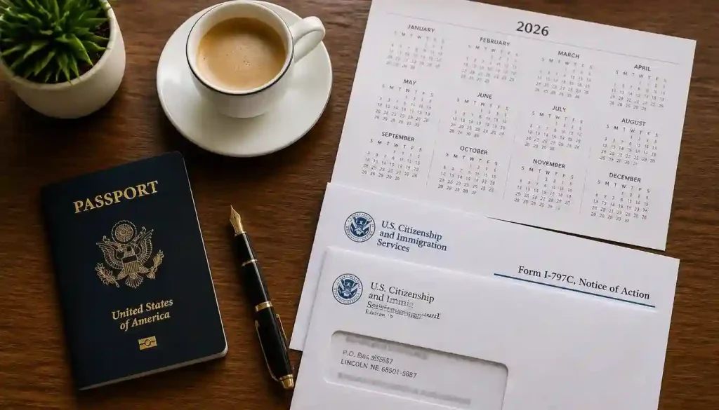 Official US immigration folders and a calendar showing the i-130 processing time 2026 for various service centers