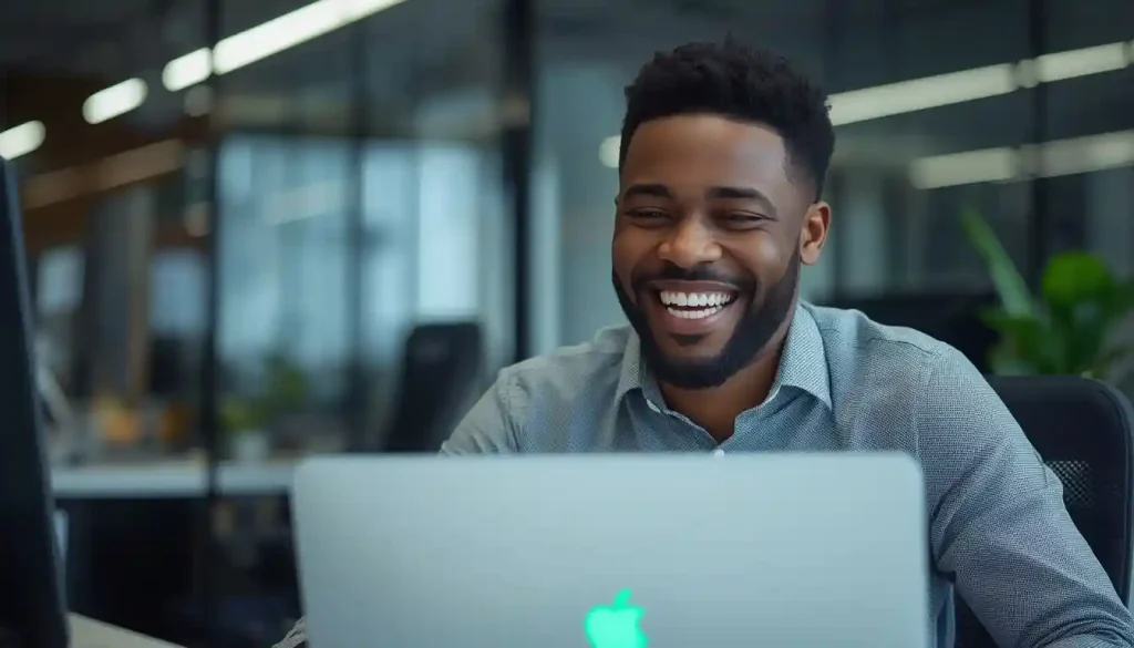 A happy highly skilled expat professional receiving a fast Form I-140 premium processing approval notice without an RFE.