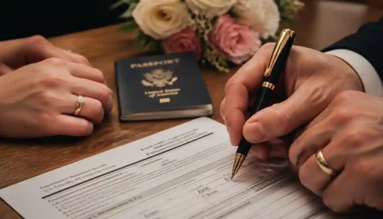 Close up of hands with wedding ring signing the i-485 adjustment of status marriage based form