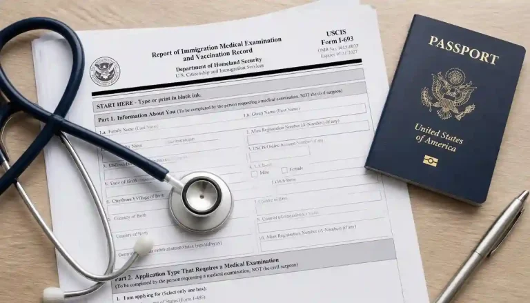 Complete guide on I-693 Immigration Medical Exam Cost and Validity showing a stethoscope on USCIS forms.