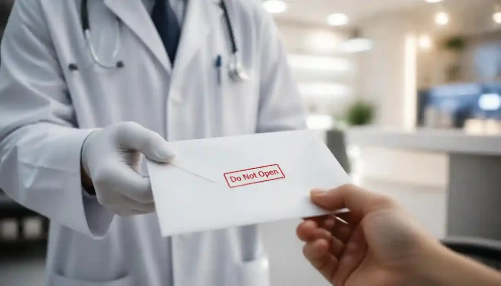 Doctor handing over a sealed envelope required for the I-693 Immigration Medical Exam Cost and Validity rules.