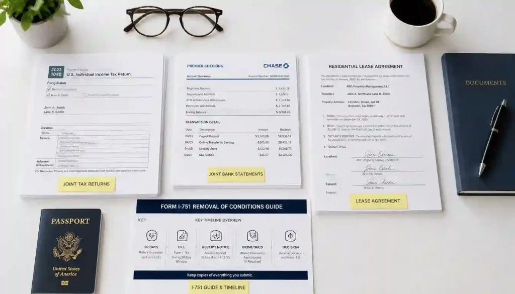 Neatly organized joint tax returns and financial records for the form i-751 removal of conditions guide evidence packet.