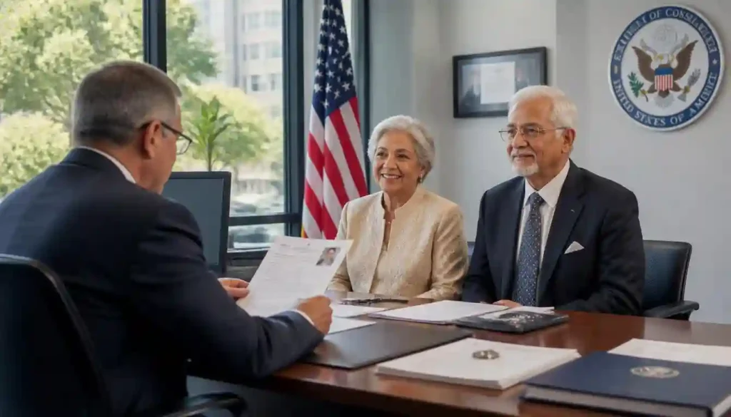 A professional, photorealistic image of a well-dressed elderly couple sitting confidently across a desk from a friendly U.S. consular officer in a bright, modern embassy office. The officer is reviewing organized documents. Professional atmosphere, representing the embassy interview step in how to sponsor parents for green card usa, cinematic lighting, 8k.