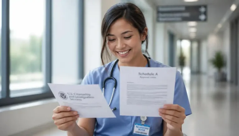 Professional registered nurse reviewing immigration documents to bypass the PERM process.