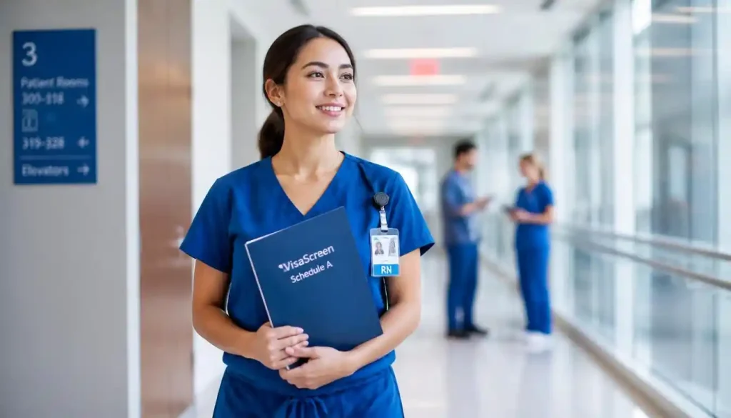 International registered nurse holding a VisaScreen certificate for fast-track US residency.