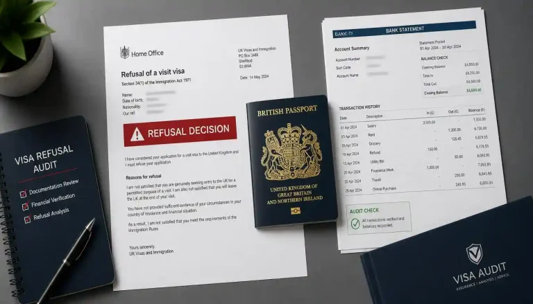 uk standard visitor visa refusal decision letter and financial audit documents