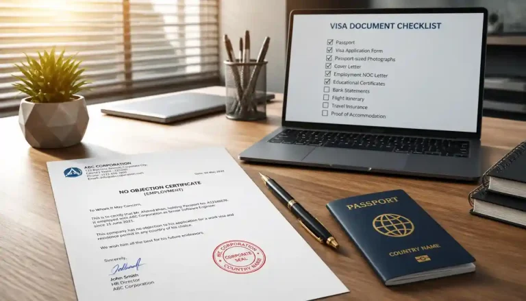 UK tourist visa employment letter & NOC format documentation on executive desk