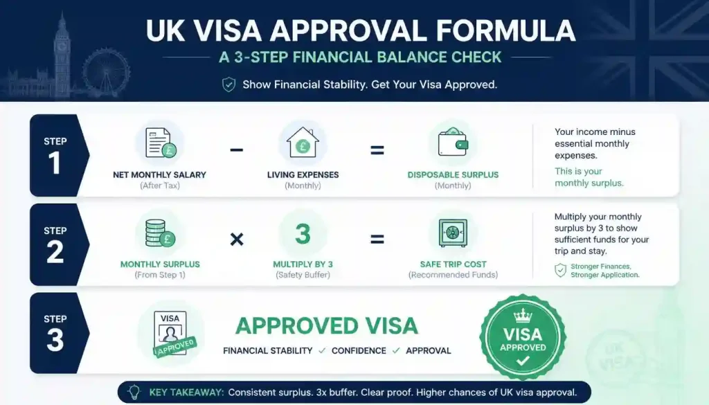 UK tourist visa minimum bank balance 3x disposable surplus calculation formula for expats