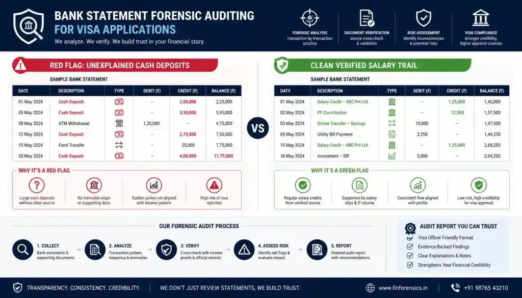 Bank statement forensic audit showing red flags and verified funds for UK visitor visa