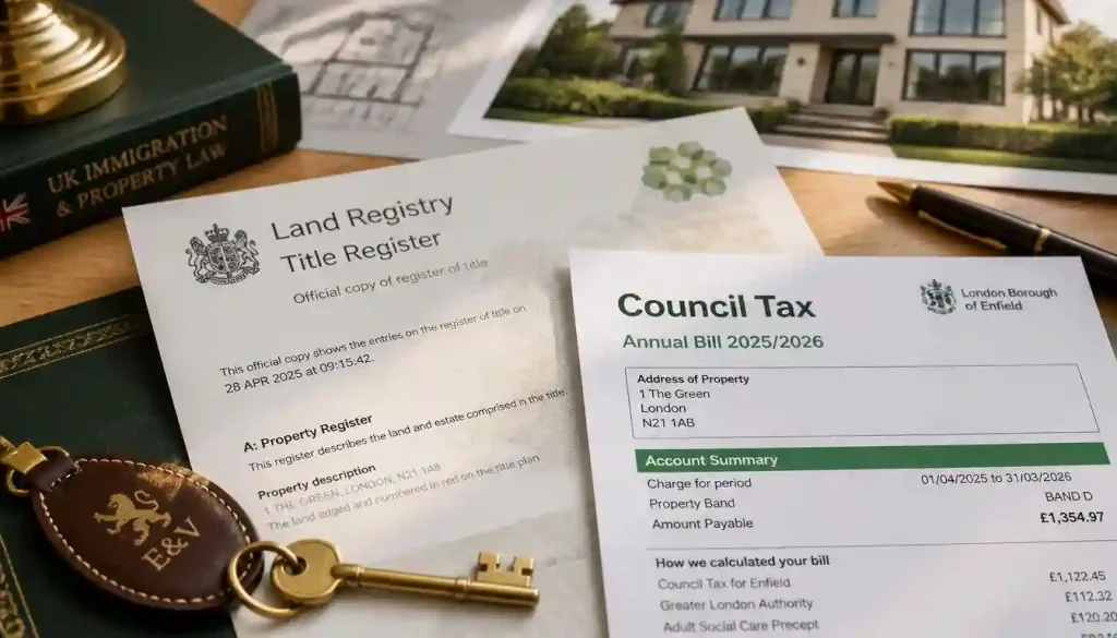 UK visa sponsor letter with accommodation proof and Land Registry title deed on table