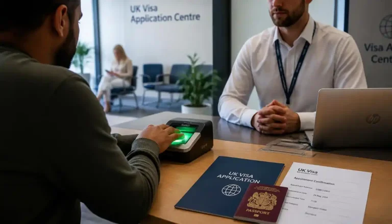 UK visa VFS biometrics appointment process with digital fingerprint scanning and passport documents
