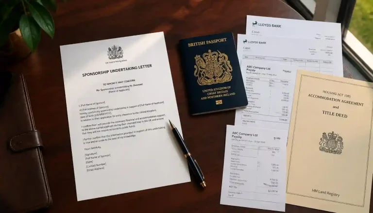 UK visit visa sponsorship letter & financial proof documents on desk with passport