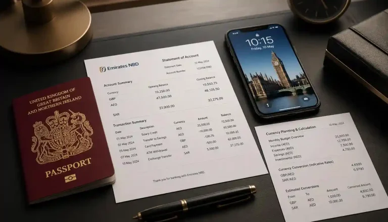 UK visitor visa bank balance requirements for expats showing passport and savings calculation