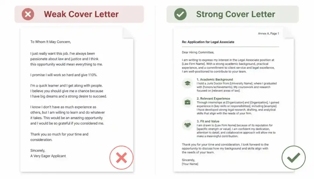 Comparison chart showing weak emotional promises versus strong document indexing in a UK visitor visa cover letter.