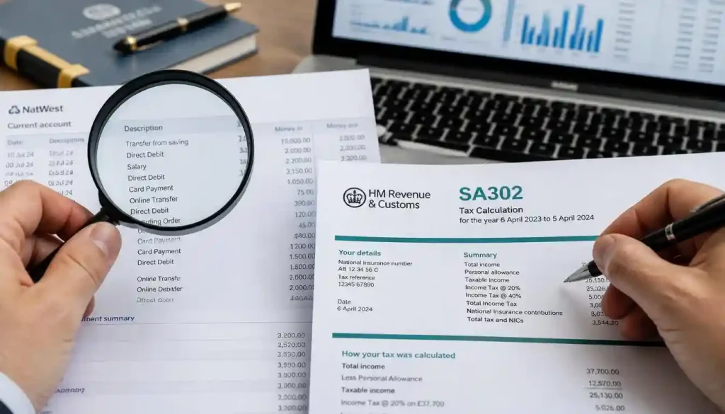 Forensic financial proof checking for UK visit visa showing bank statements and HMRC tax documents