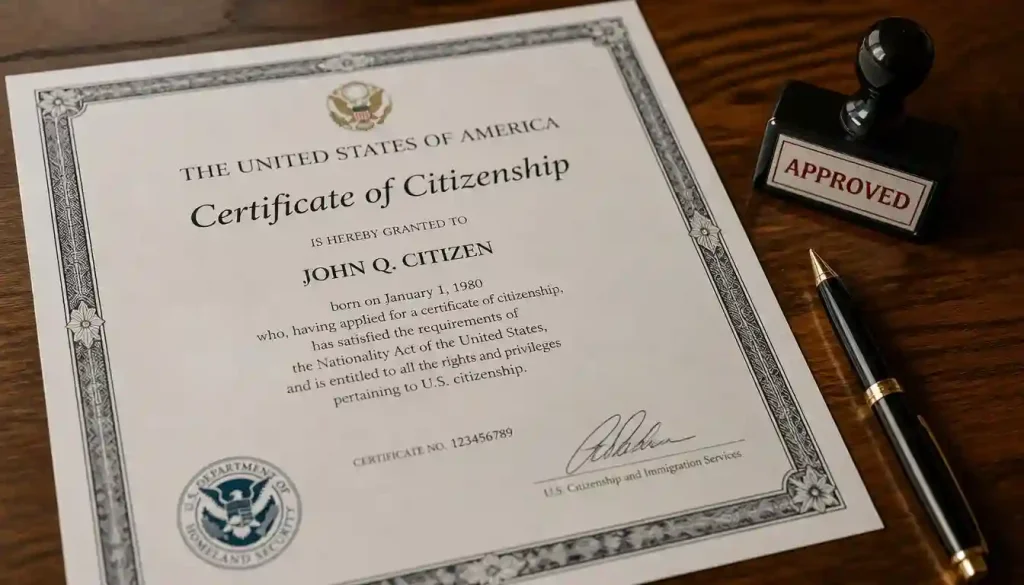 An official approved US Certificate of Citizenship document obtained through form N-600 lying on a wooden table.