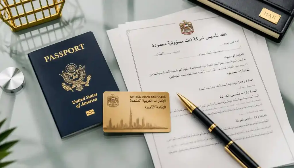 A United States passport resting next to a UAE Golden Visa document on a sleek office desk.