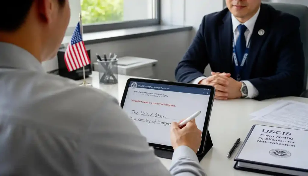 An applicant taking the US citizenship english writing test on a digital tablet during the naturalization interview.