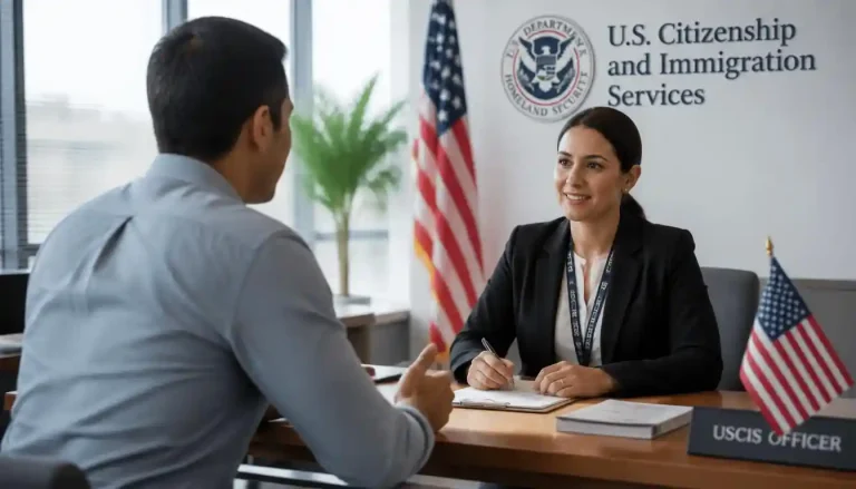 A confident permanent resident answering US citizenship interview civics questions and english test in front of a friendly USCIS officer.