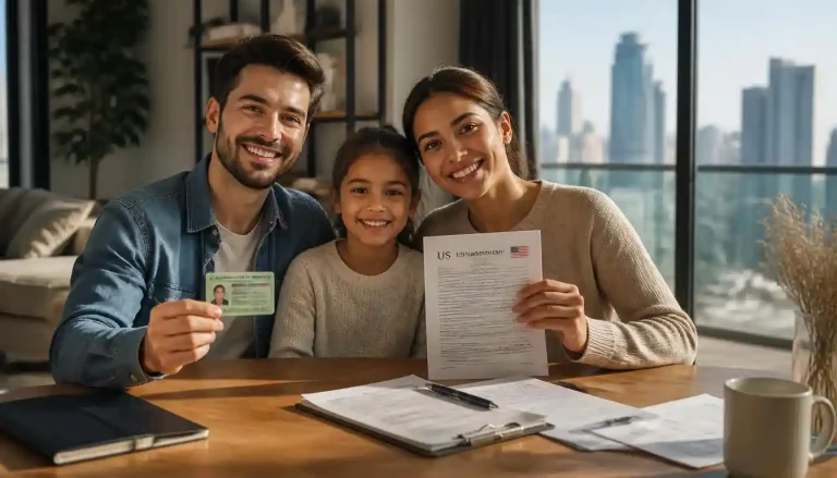 A happy expat family reviewing approved immigration documents for the US family based green card process
