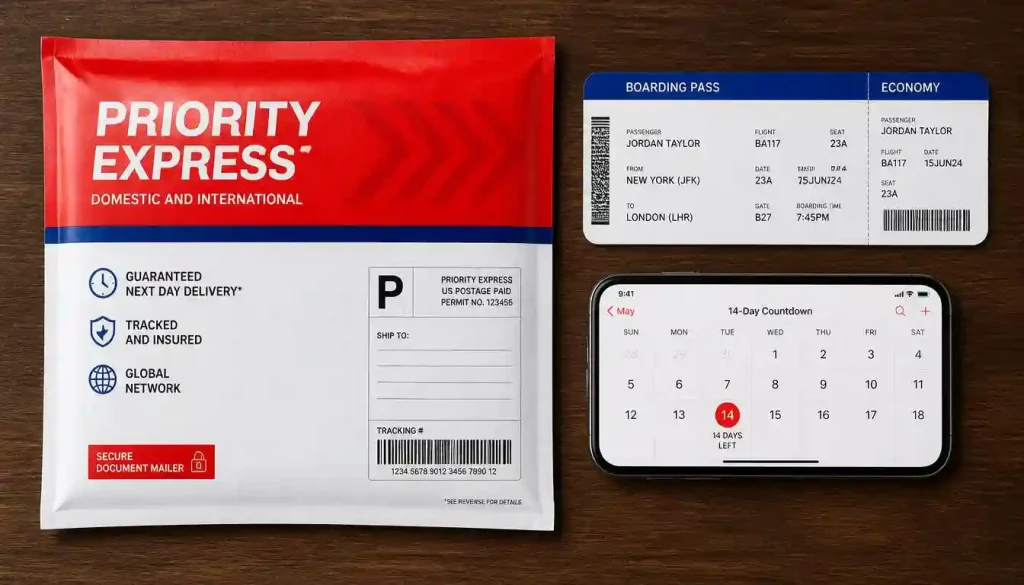 US passport priority mail delivery and urgent travel appointment timeline.