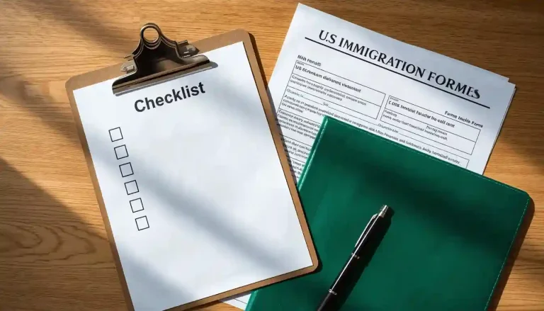 A complete VAWA self petition green card checklist and legal documents on a desk.