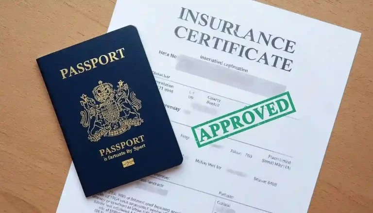 A UK passport and an approved zero excess Schengen insurance certificate on a wooden desk.