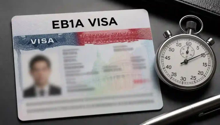 A stopwatch next to an official visa document illustrating the exact eb1a green card processing time and premium processing.